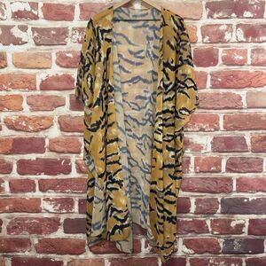 Kimono Abstract Blouse Topper Women's OS Tan Multicolor Sheer Shrug Top